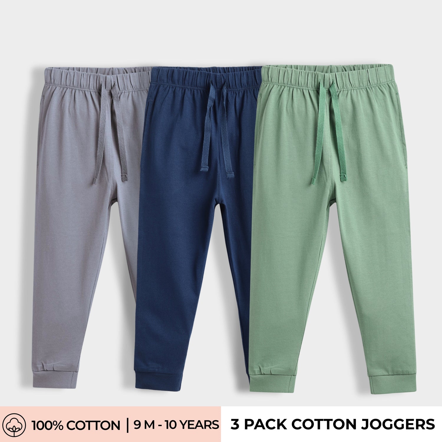 3 Pcs Cotton Joggers | Grey, Blue, Green