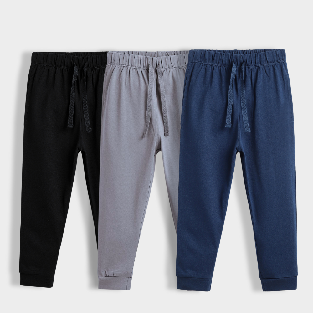 3 Pcs Cotton Joggers | Black, Grey, Blue