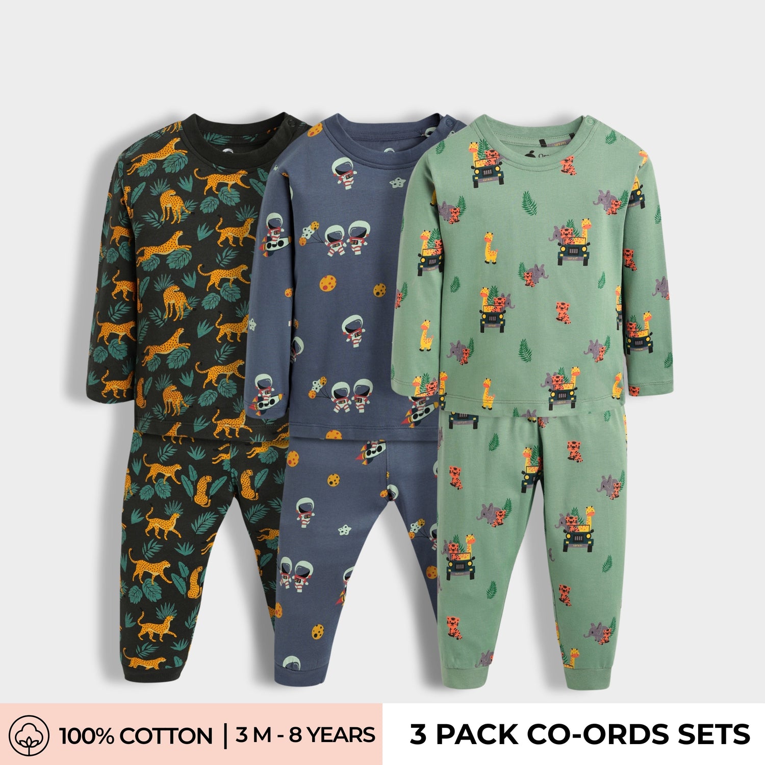 3 Pack Full Sleeves Unisex Co-ord Set | Cheetah, Space, Jungle