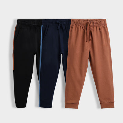3 Pcs Cotton Joggers | Colour Block Black & Blue ,Brown