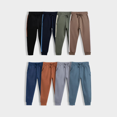 8 Pcs Cotton Joggers | Colour Block Black, Colour Block Blue, Biscuit Brown, Colour Block Olive, Royal Blue, Brown, Grey, Air Force Blue