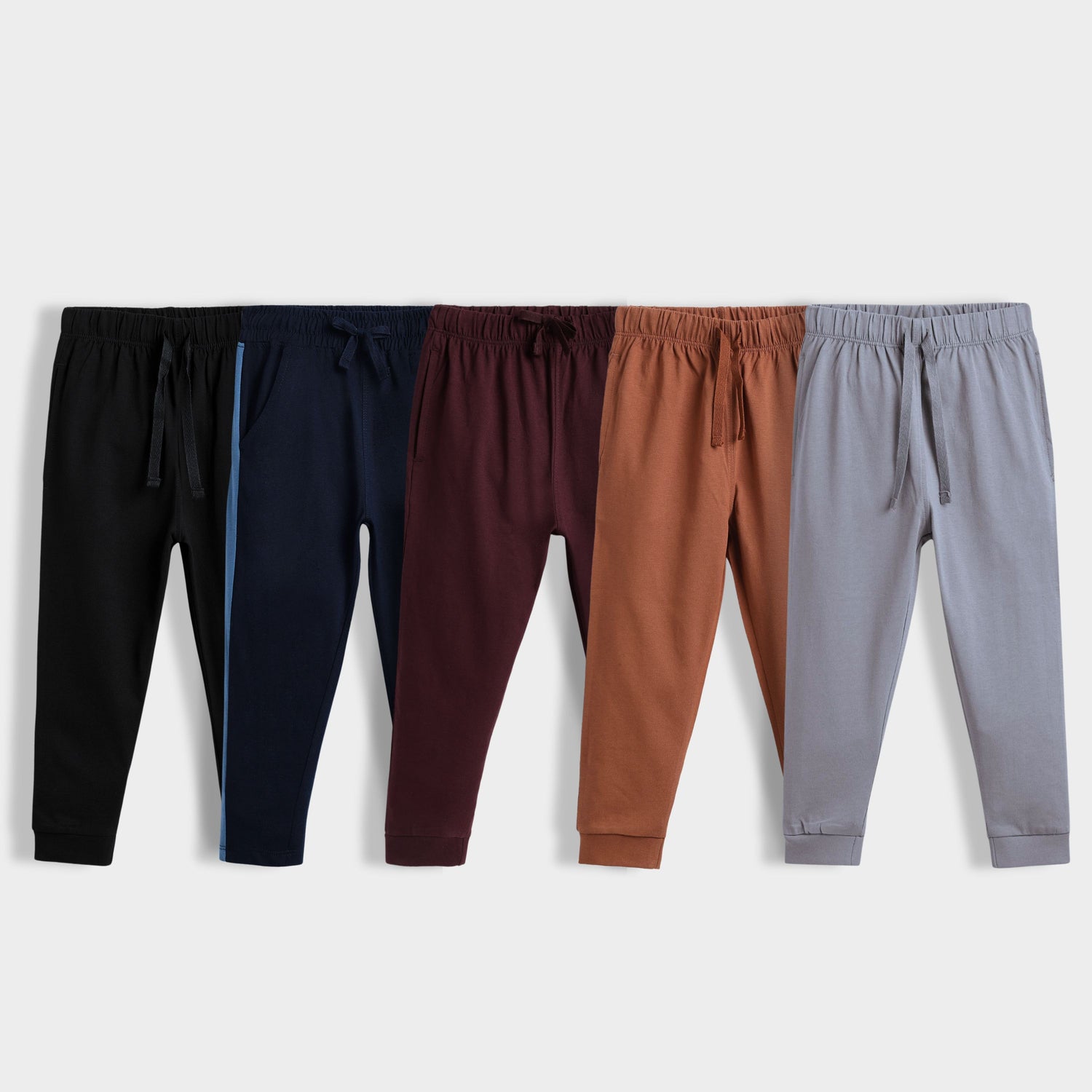 5 Pcs Cotton Joggers | Black, Colour Block Blue, Wine, Brown, Grey