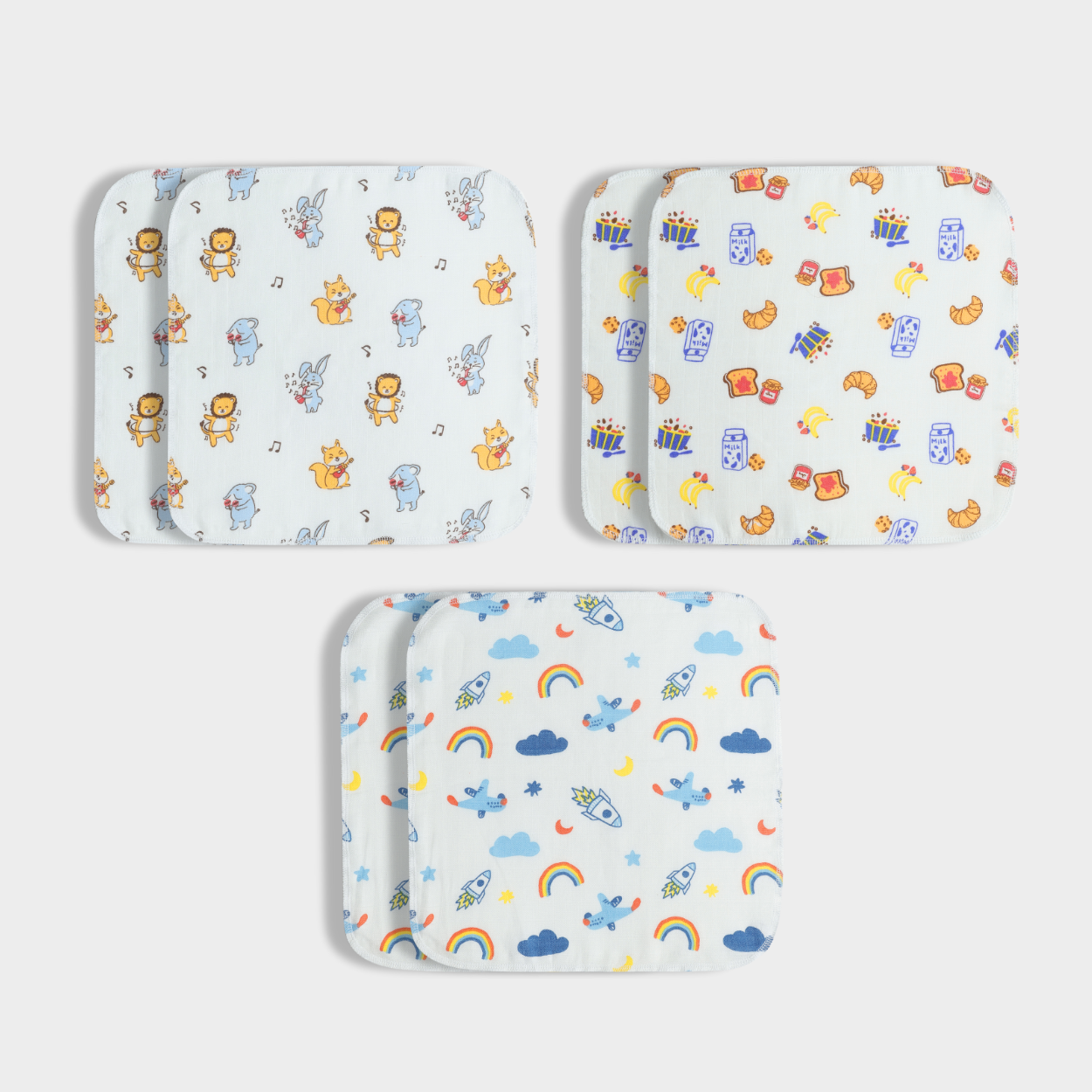 6 Pack Muslin Wash Cloth | Jungle Jingles, Starry, Breakfast