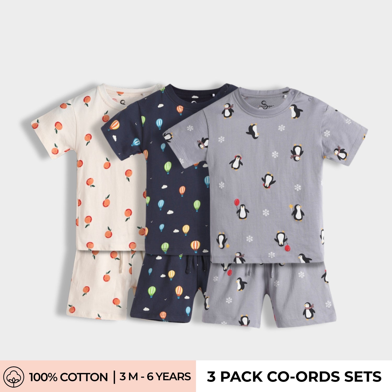 3 Pack T-Shirt & Shorts Unisex Co-ord Set | Oranges, Penguin & Hot Air