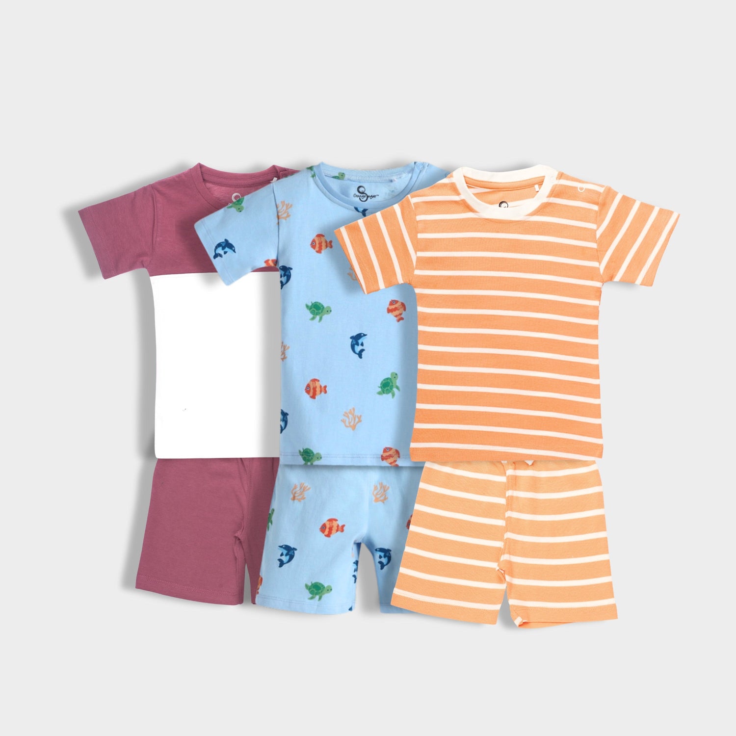 3 Pack T-Shirt & Shorts Unisex Co-ord Set | Underwater, Orange Stripes, Berry