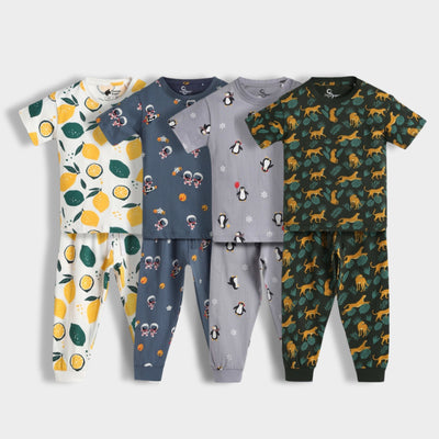 4 Pack Half Sleeves Unisex Co-ord Set | Space, Lemon, Penguin & Cheetah