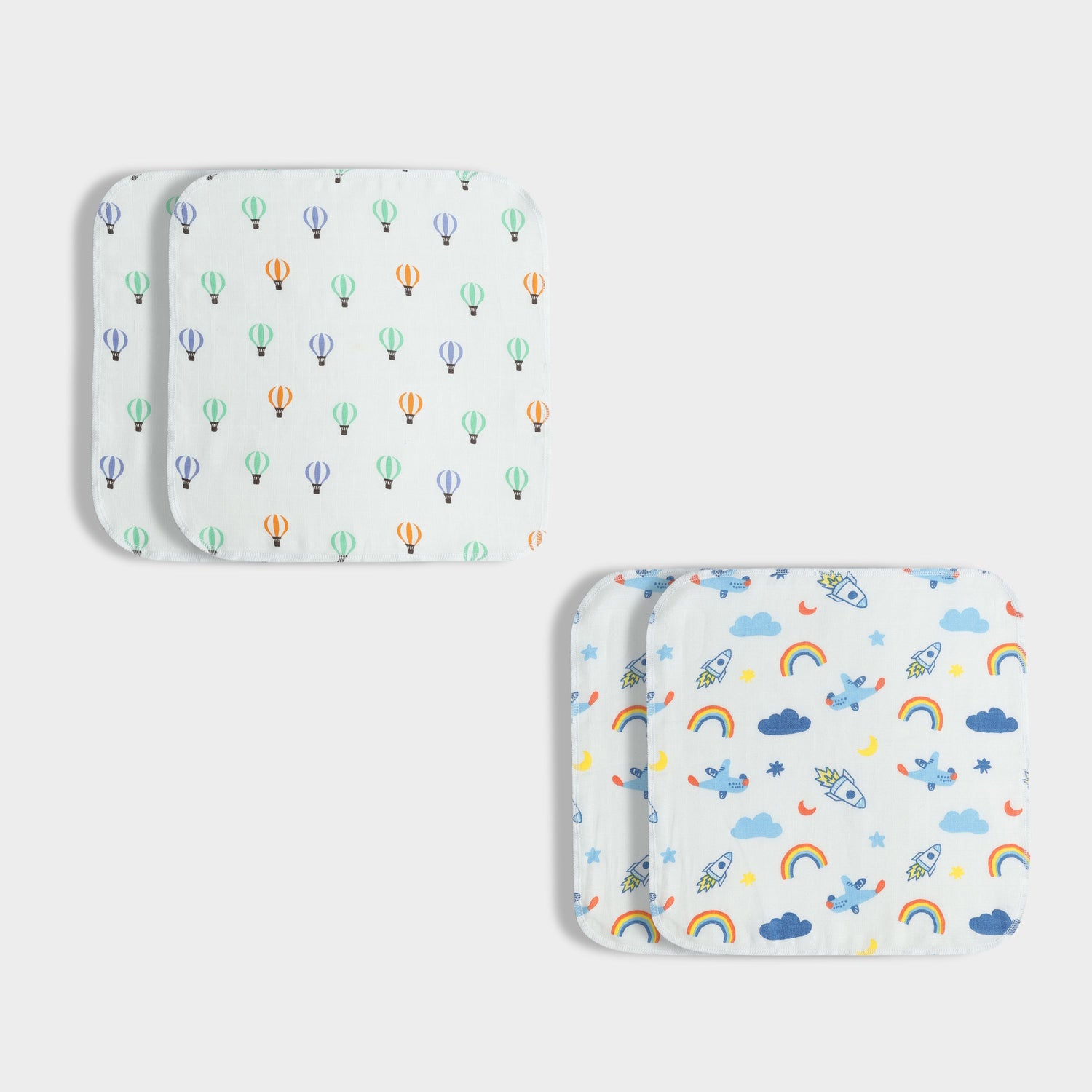 4 Pack Muslin Wash Cloth | Balloon Ride, Starry Safari