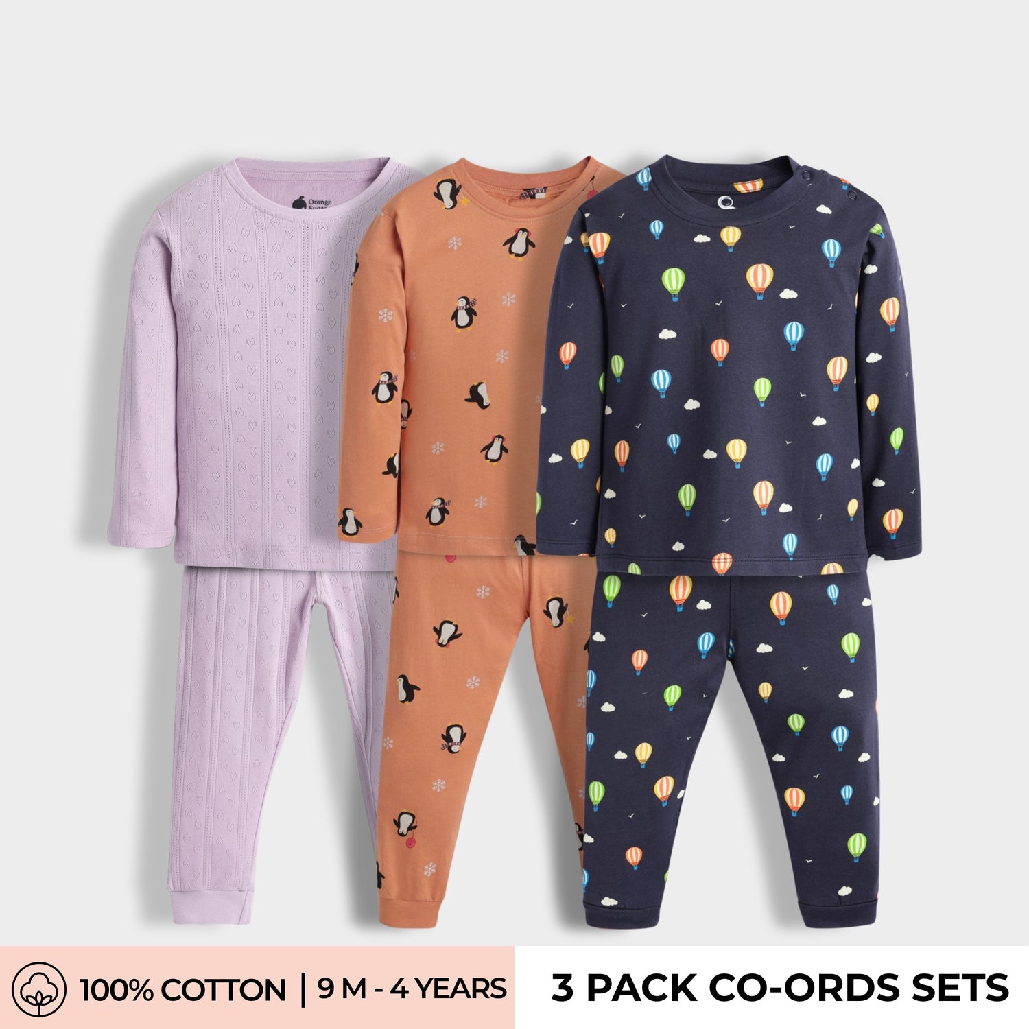 3 Pack Full Sleeves Unisex Co-ord Set | Pointelle Lavender, Penguin Chill, Hot Air