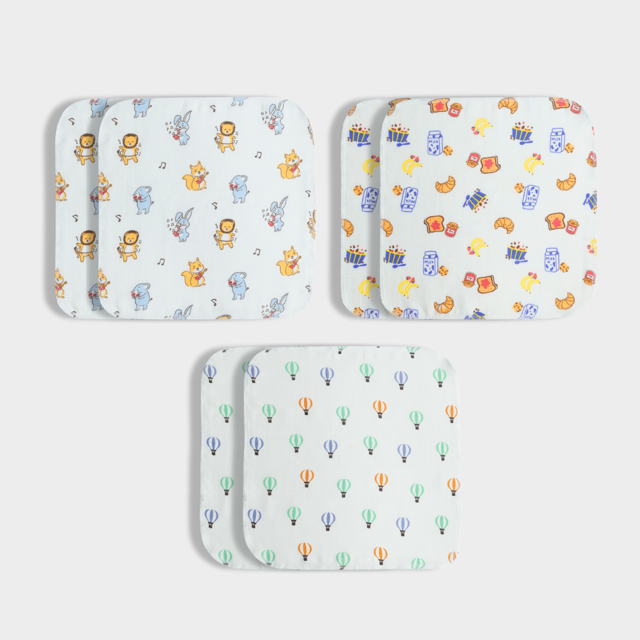 6 Pack Muslin Wash Cloth | Jungle Jingles, Balloon Ride, Breakfast
