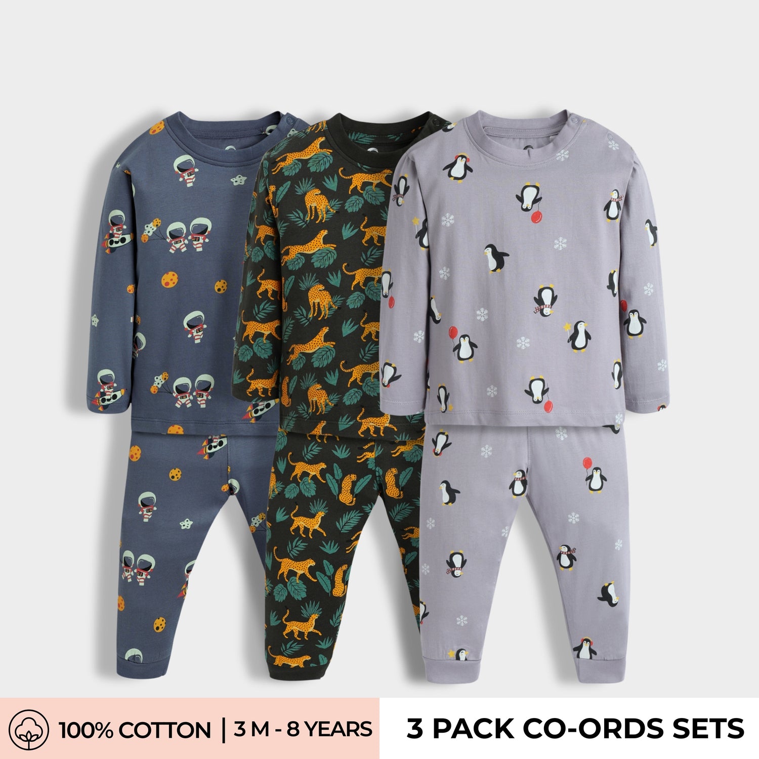 3 Pack Full Sleeves Unisex Co-ord Set | Space, Cheetah, Penguin