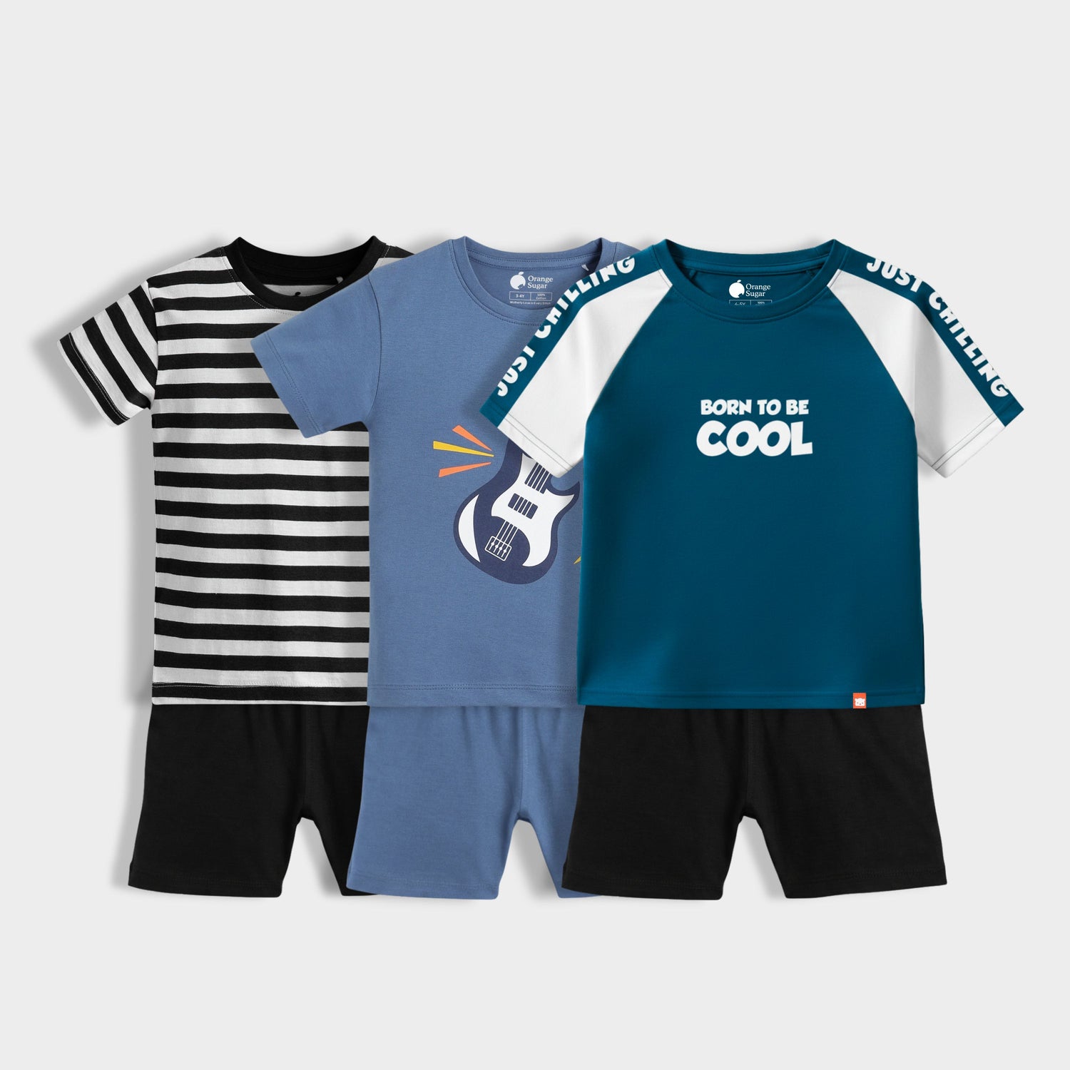 3 Pack T-Shirt & Shorts Unisex Co-ord Set | Black Stripes, I Am Cool, Little Rockstar