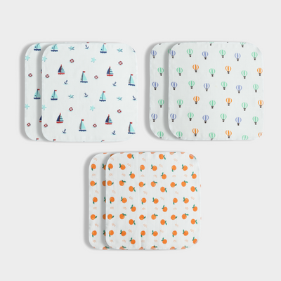 6 Pack Muslin Wash Cloth | Sweet Oranges, Sailor, Balloon Ride