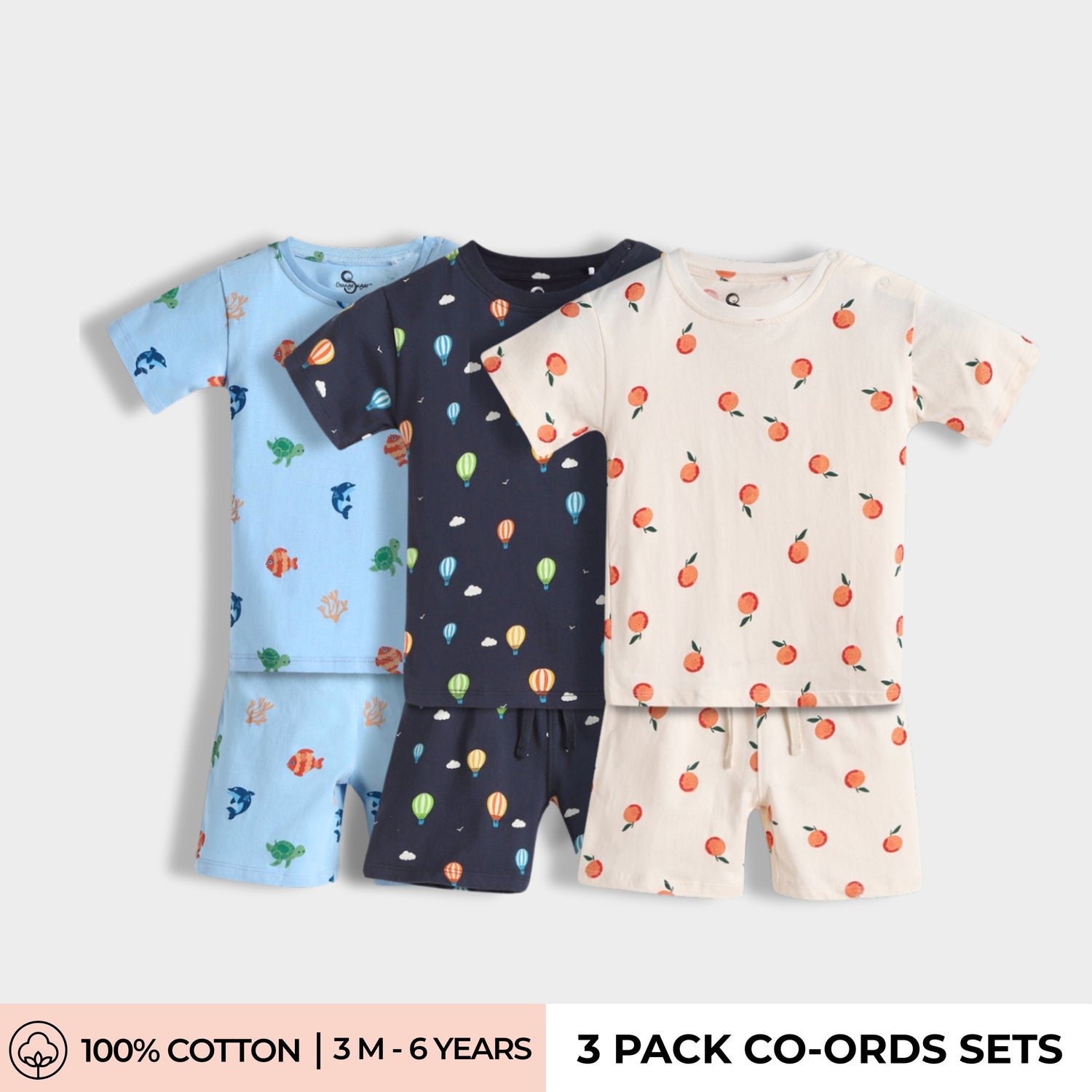 3 Pack T-Shirt & Shorts Unisex Co-ord Set | Hot Air, Underwater & Oranges