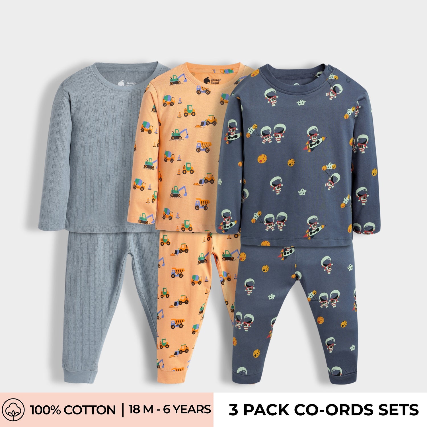 3 Pack Full Sleeves Unisex Co-ord Set | Pointelle Grey, JCB, Space