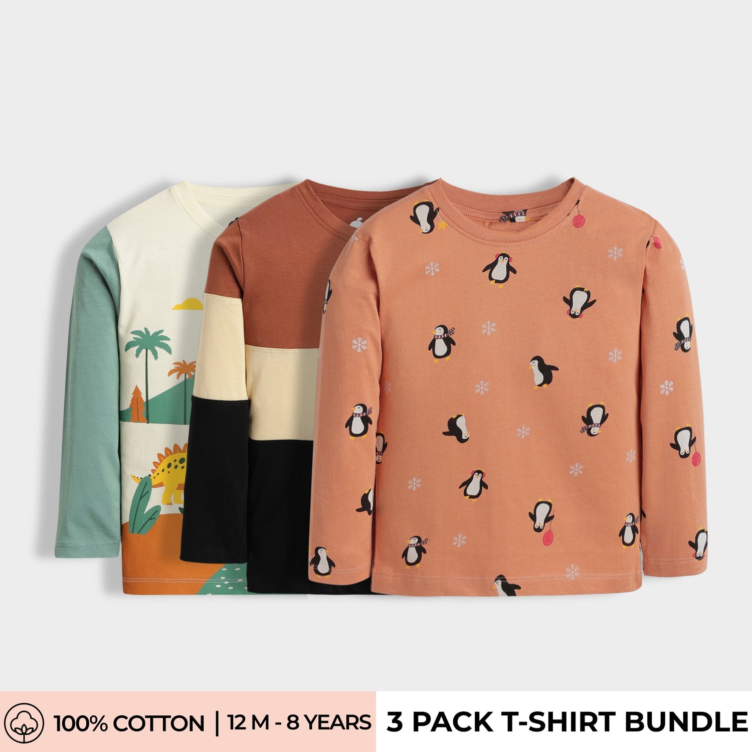 3 Pack Full Sleeves Unisex T-Shirts | Dino, Color Block, Penguin Chill
