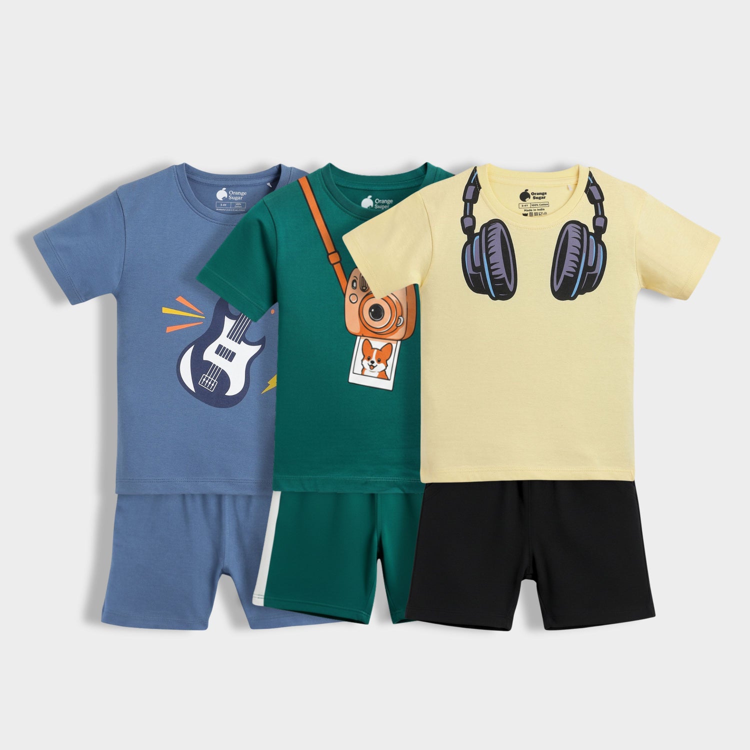 3 Pack T-Shirt & Shorts Unisex Co-ord Set | Little Rockstar, Mini Camera, Music Buddy