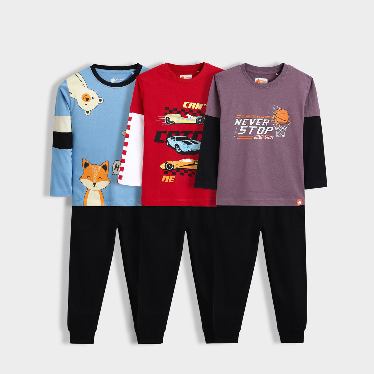 3 Pack Full Sleeves Unisex Co-ord Set | Peek A Boo, Fast Wheels, Never Stop