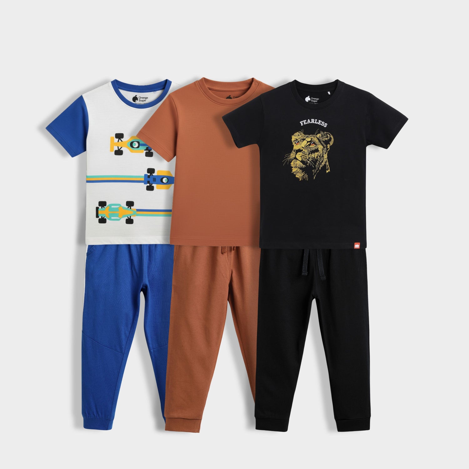 3 Pack Half Sleeves Unisex T-Shirt & Joggers Set | Brown, Fearless Lion, Formula Racing