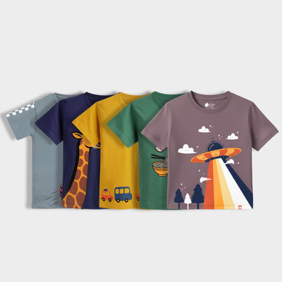 5 Pack Half Sleeves Unisex T-Shirts | Race Day, Sporty Giraffe, Road Trip, Korea, UFO