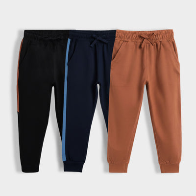 3 Pcs Cotton Joggers | Colour Block Black & Blue ,Brown