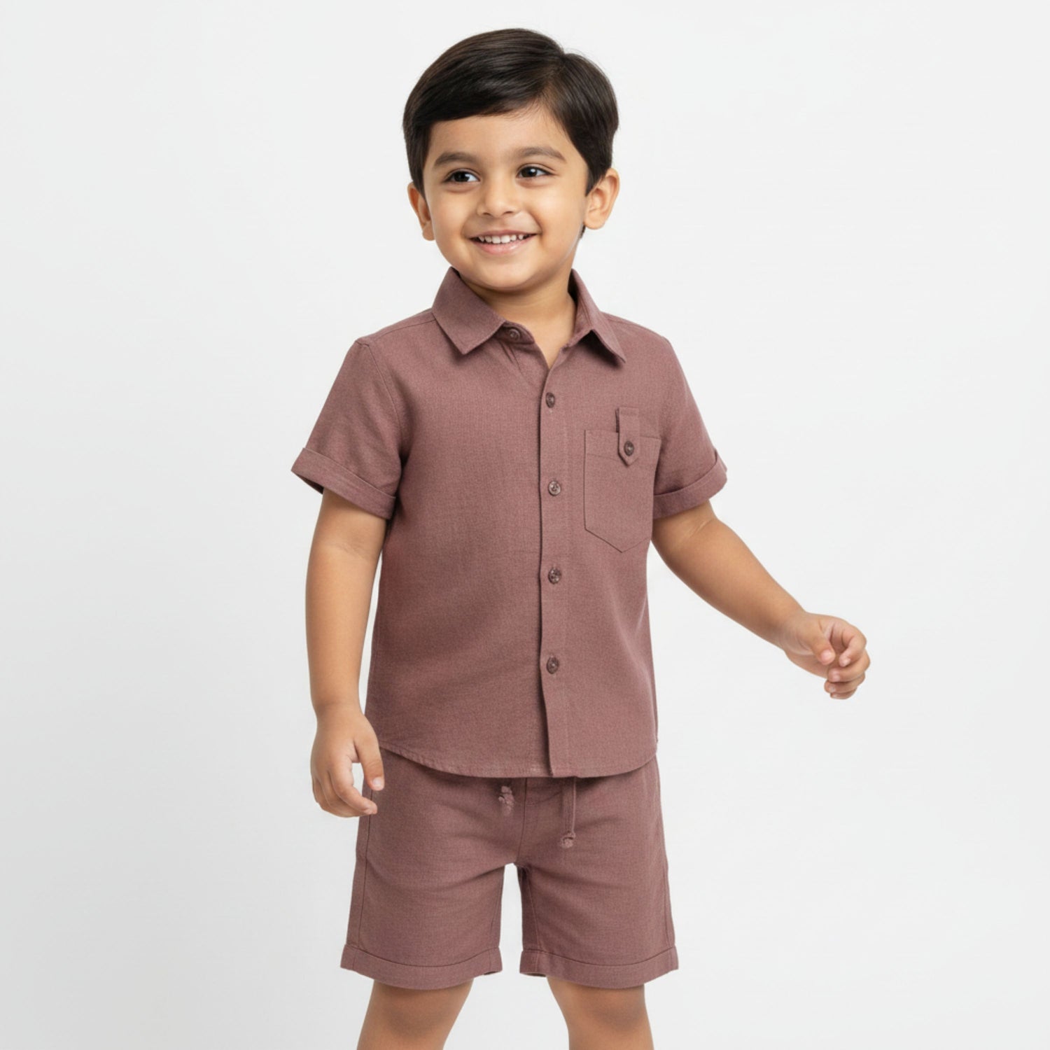 Half Sleeves Unisex Cotton Linen Shirt & Shorts Co-ord Set | Rustic Mocha