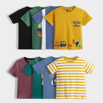 8 Pack Half Sleeves Unisex T-Shirts | Black, Korea Love, Goal Time, Road Trip, Dusty Pink, Mini Camera, Little Rockstar, Yellow Stripes