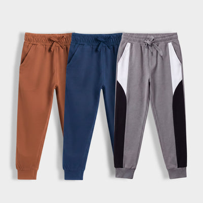 3 Pcs Cotton Joggers | Brown, Royal Blue, Colour Block Grey