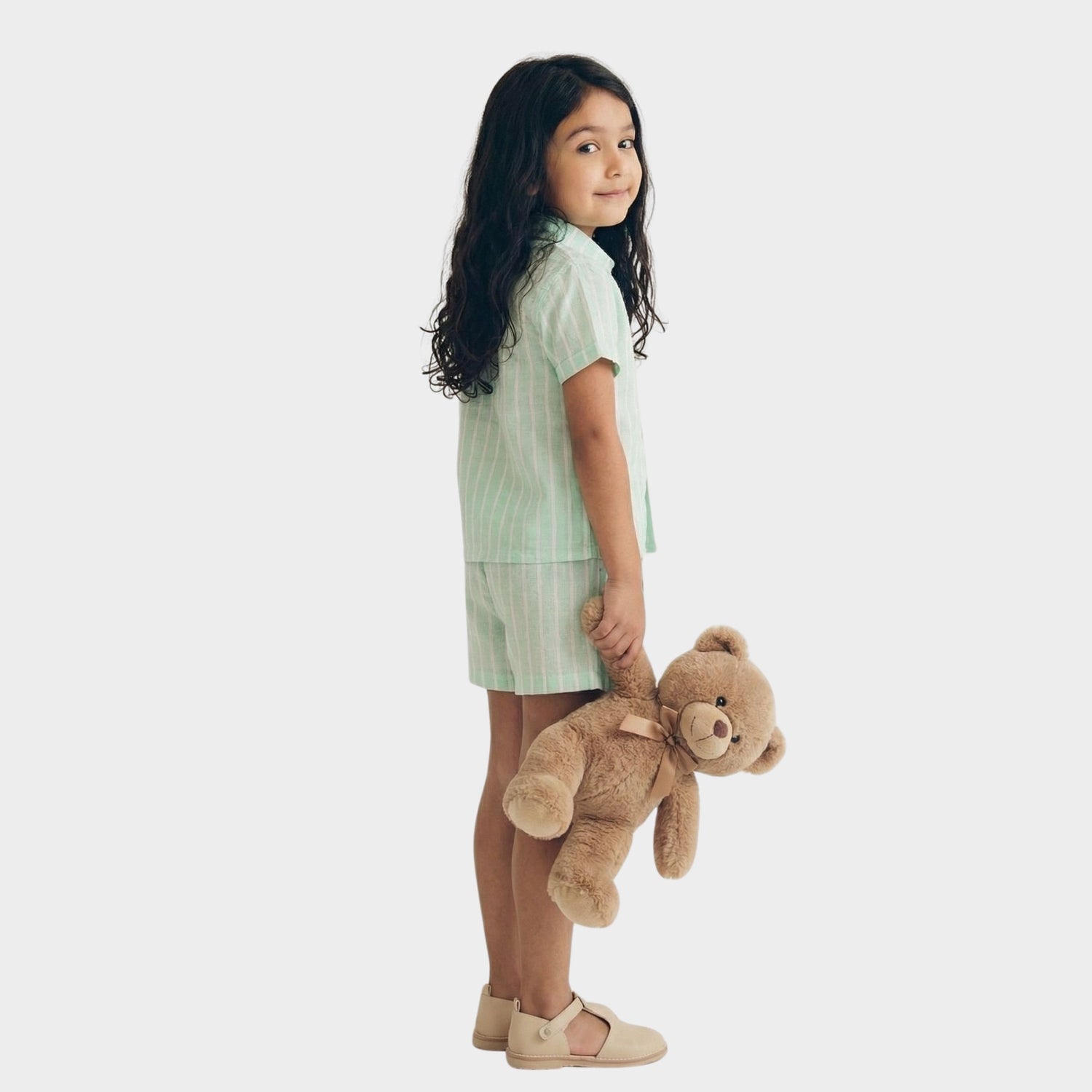 Half Sleeves Unisex Cotton Linen Shirt & Shorts Co-ord Set | Mint stripes