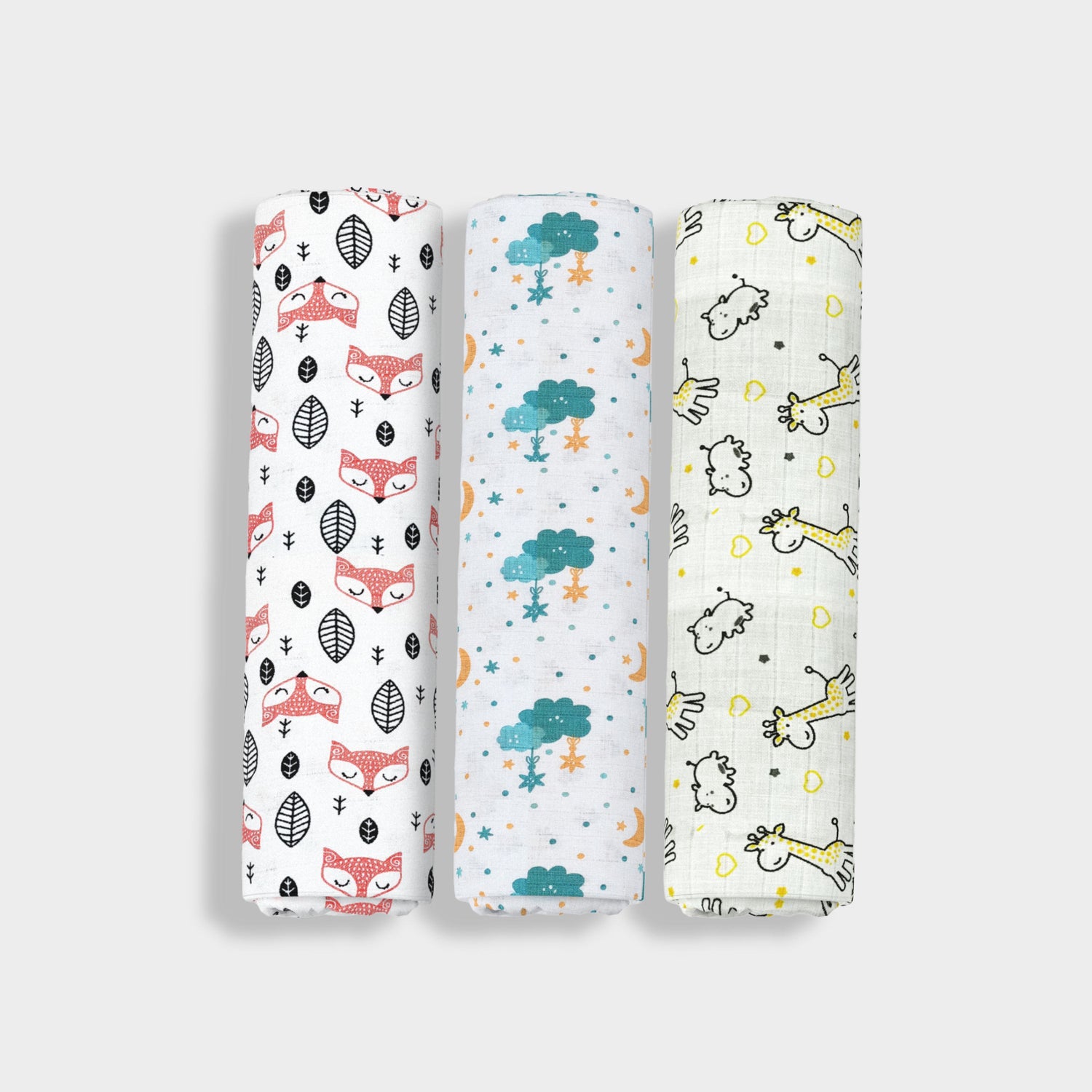 3 Pack Muslin Swaddle | Fox, Half Moon, Giraffe