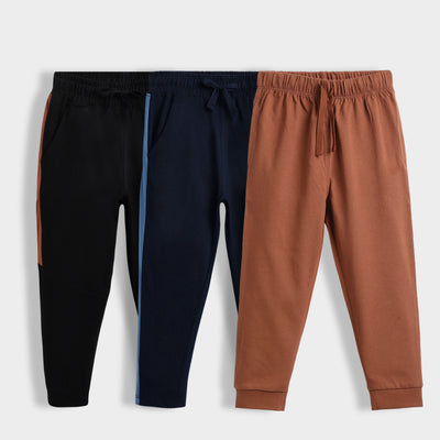 3 Pcs Cotton Joggers | Colour Block Black & Blue ,Brown