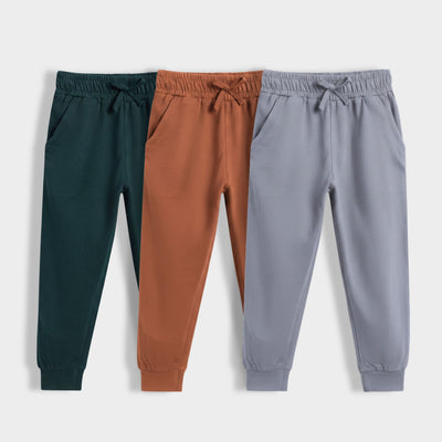 3 Pcs Cotton Joggers | Bottle Green, Brown, Grey