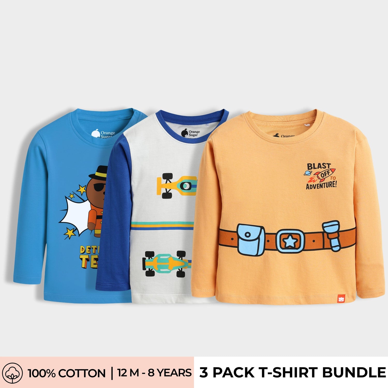 3 Pack Full Sleeves Unisex T-Shirts | Detective Teddy, Racing, Space Ship