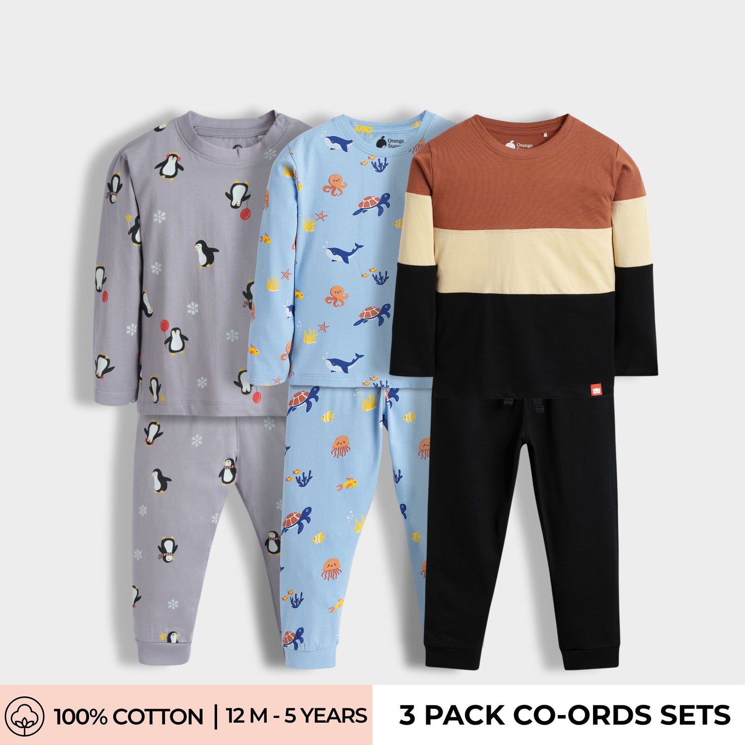 3 Pack Full Sleeves Unisex Co-ord Set | Penguin, Aqua World, Colour Block Brown