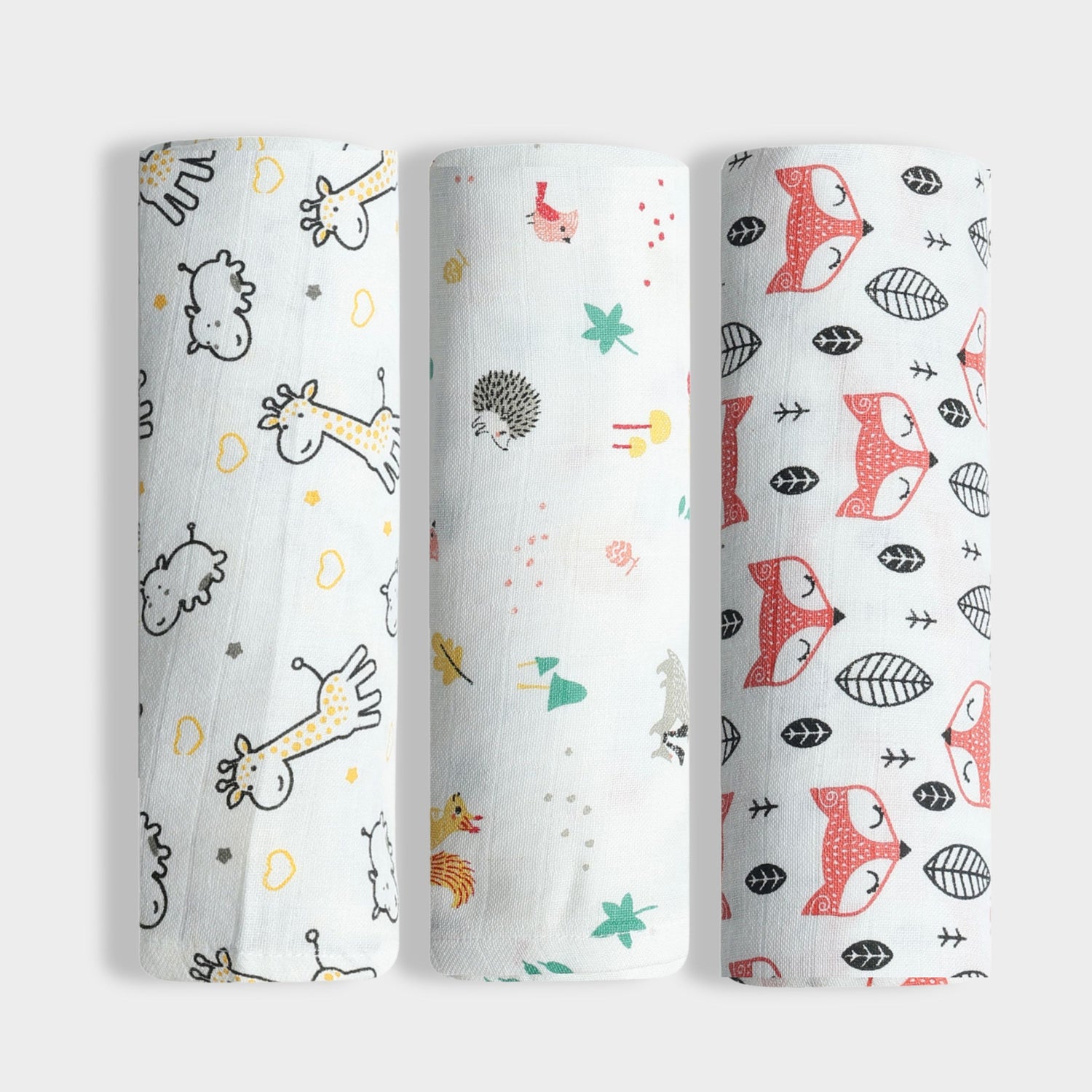 3 Pack Muslin Swaddle | Giraffe, Spikey, Fox