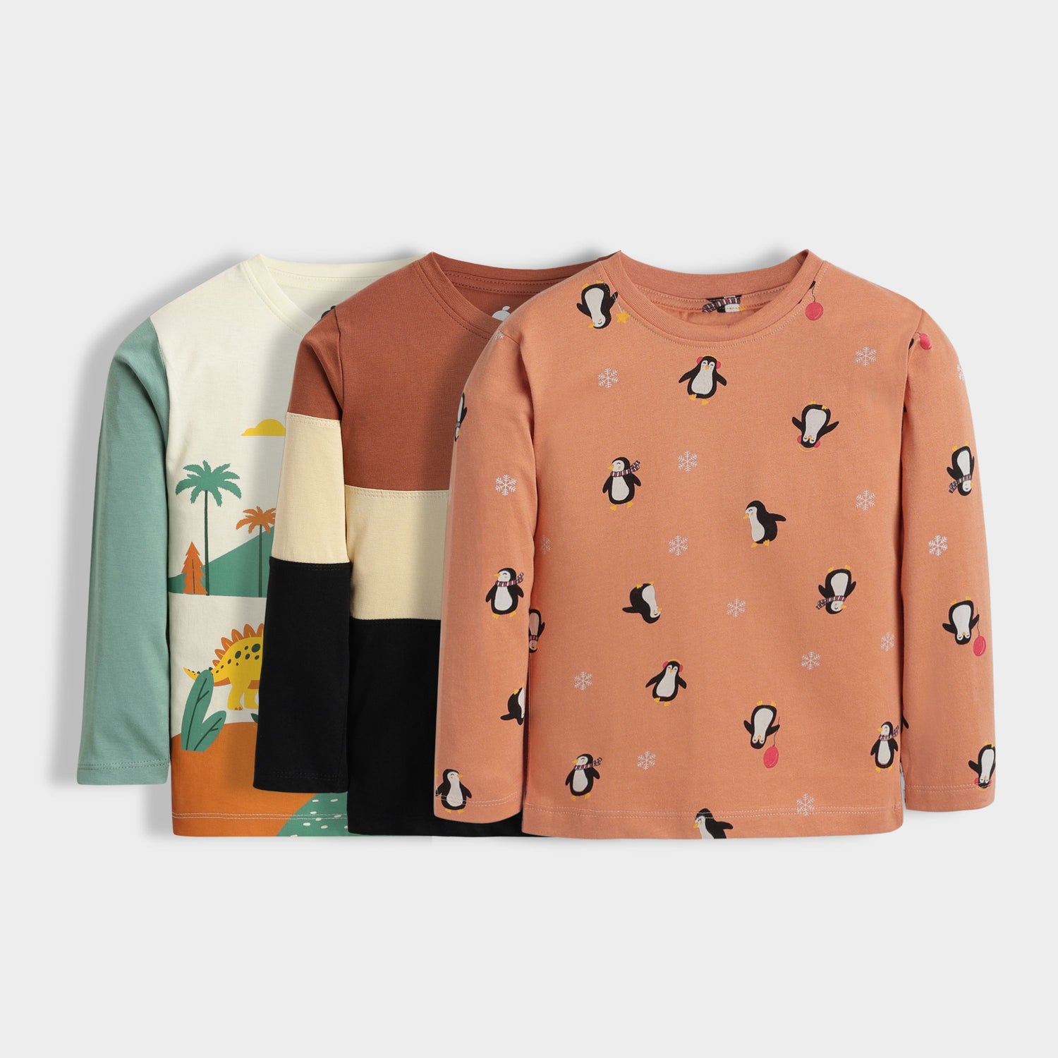 3 Pack Full Sleeves Unisex T-Shirts | Dino, Color Block, Penguin Chill