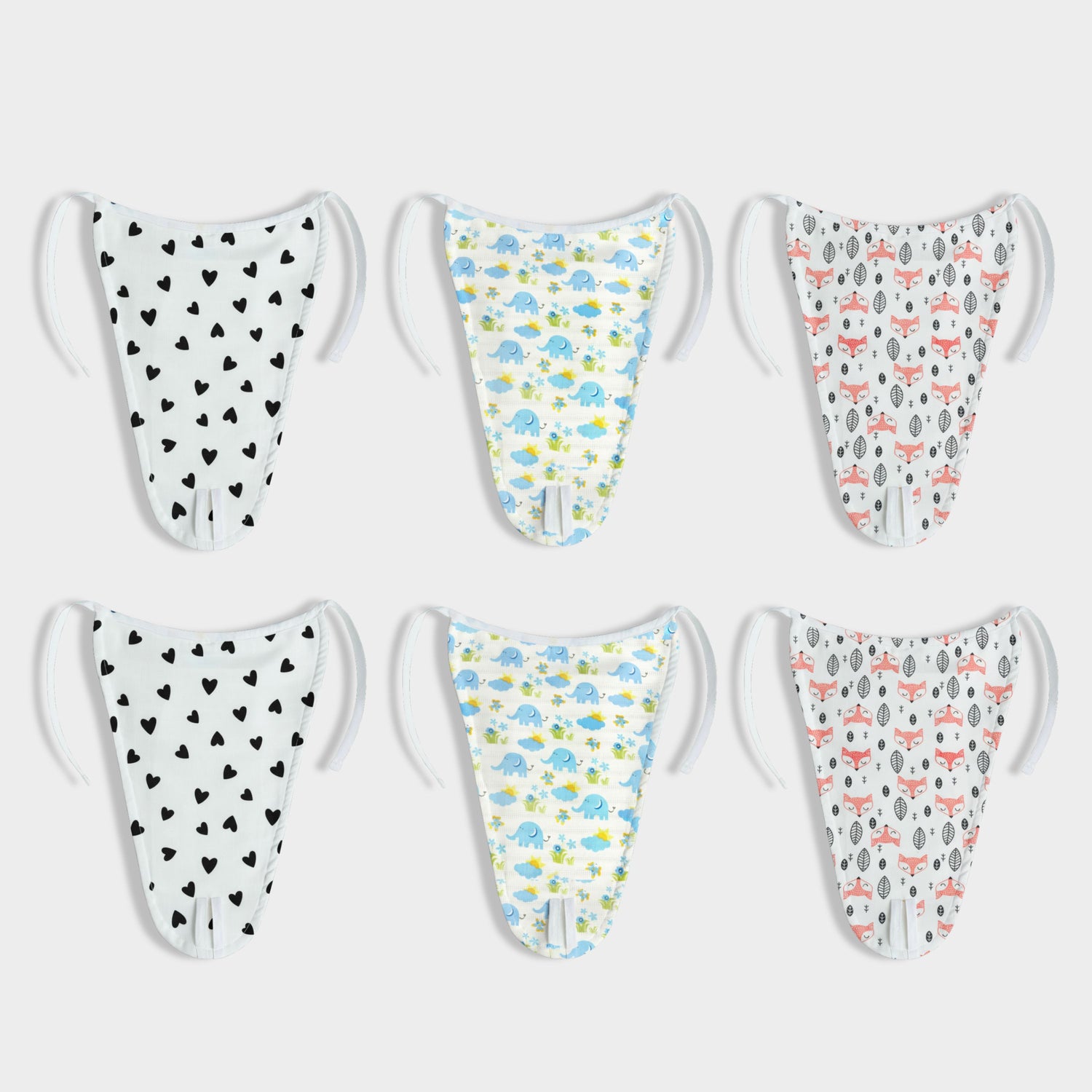 6 Pack Muslin Nappies | Black Heart, Blue Elephant, Fox
