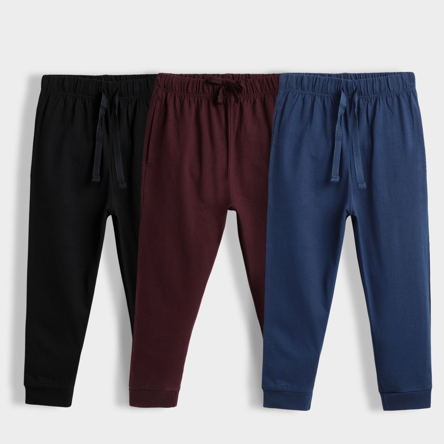 3 Pcs Cotton Joggers | Black, Wine, Blue