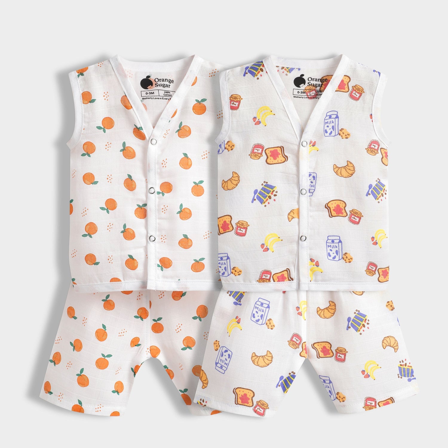 2 Pack Muslin Jhabla Co-ord Set | Sweet Oranges, Yummy Breakfast