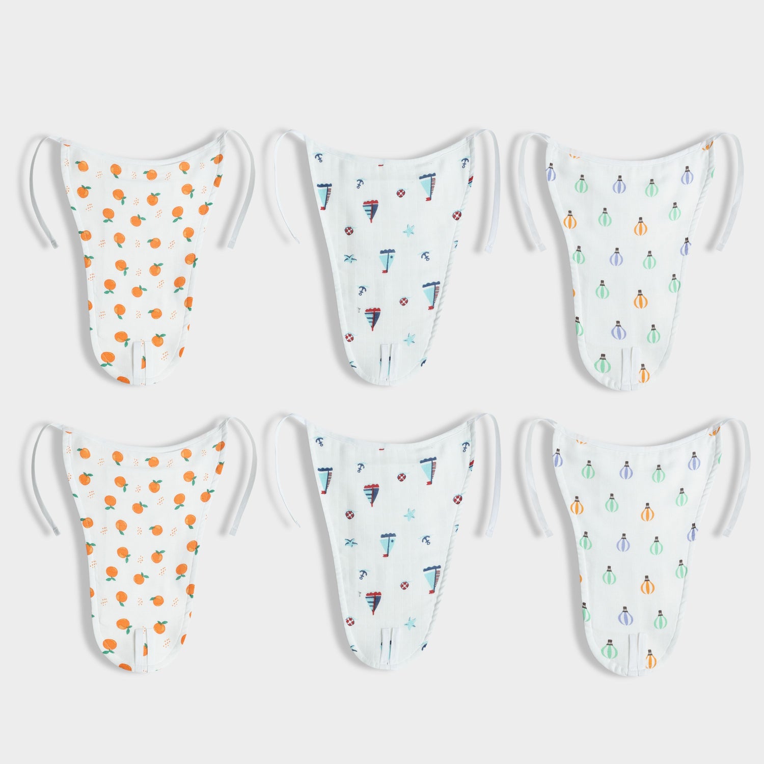 6 Pack Muslin Nappies | Sweet Oranges, Sailor, Balloon Ride
