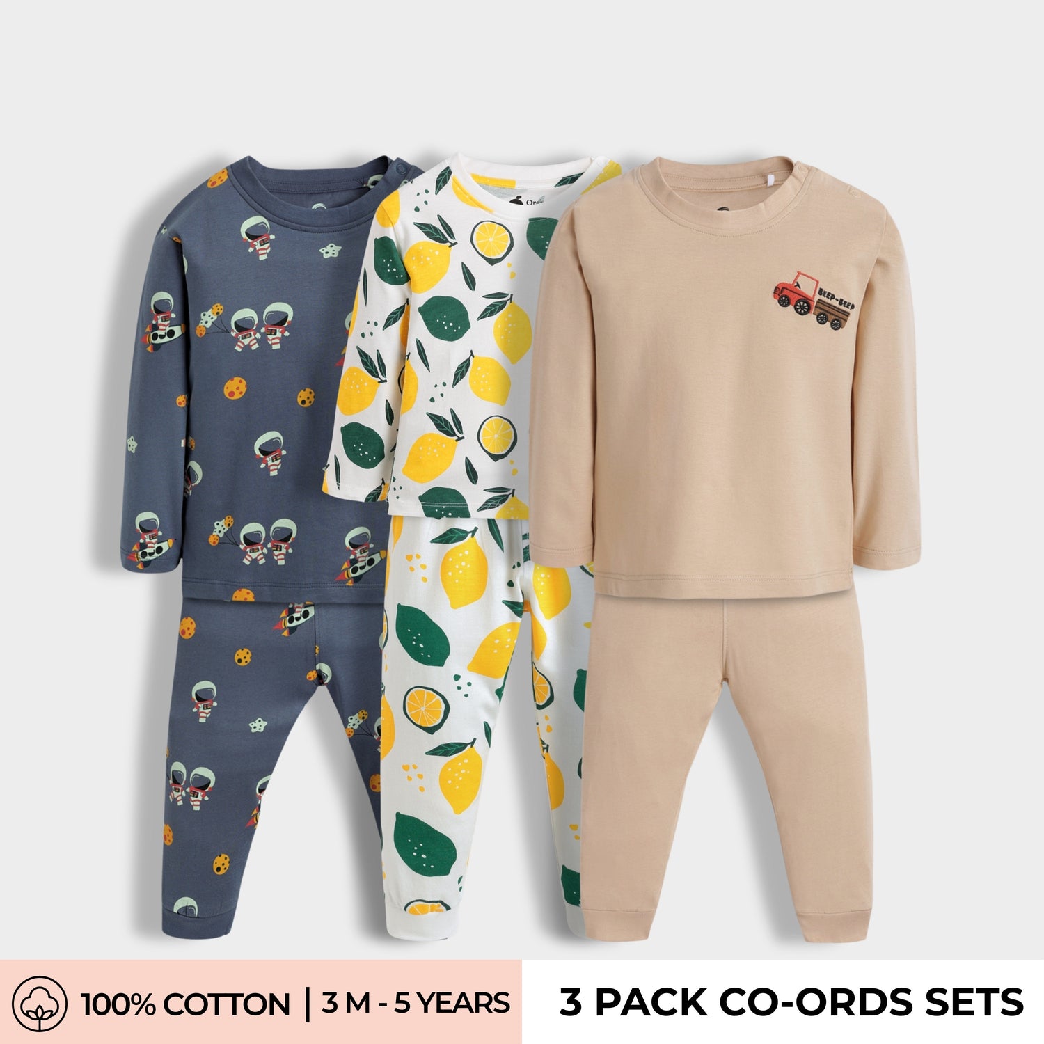 3 Pack Full Sleeves Unisex Co-ord Set | Space, Lemon, Truck
