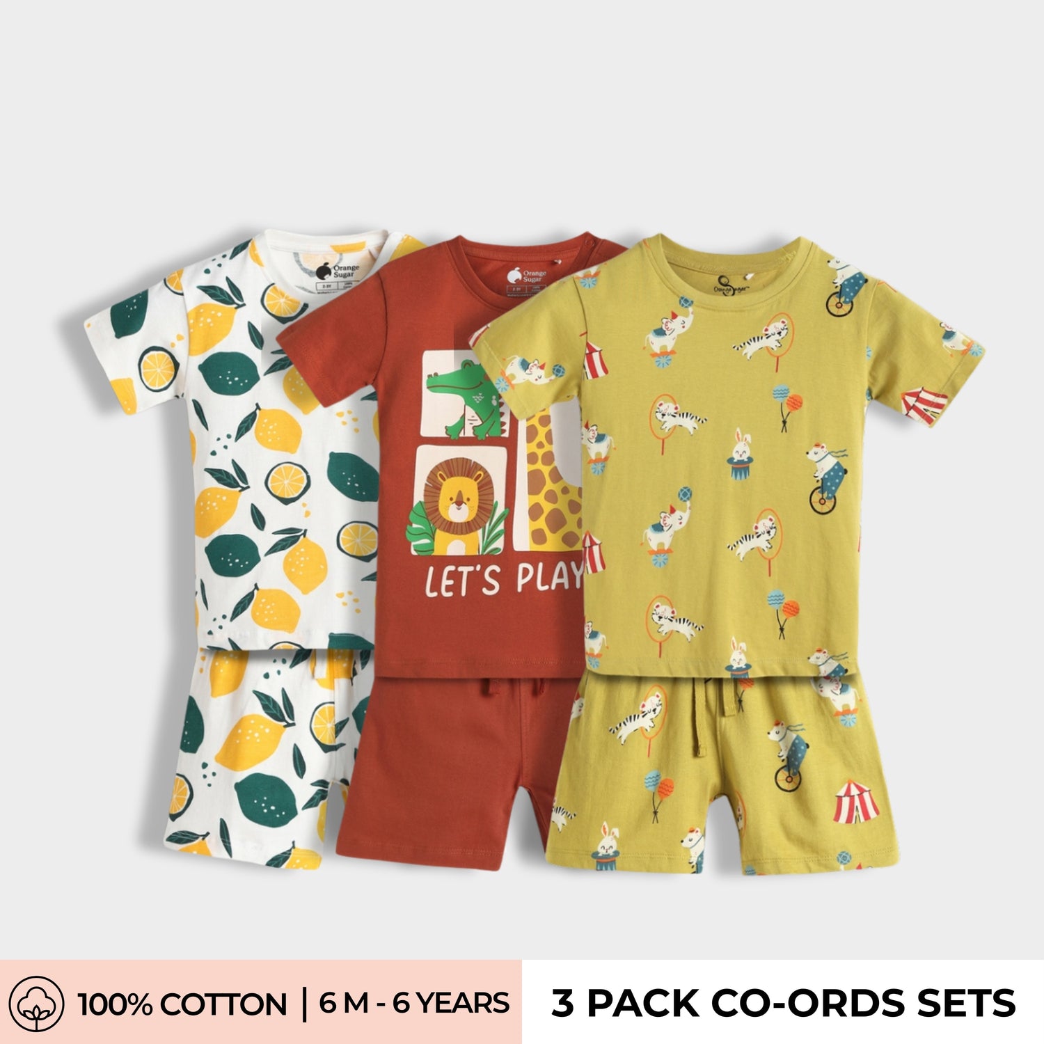 3 Pack T-Shirt & Shorts Unisex Co-ord Set | Lemon, Zoo, Circus
