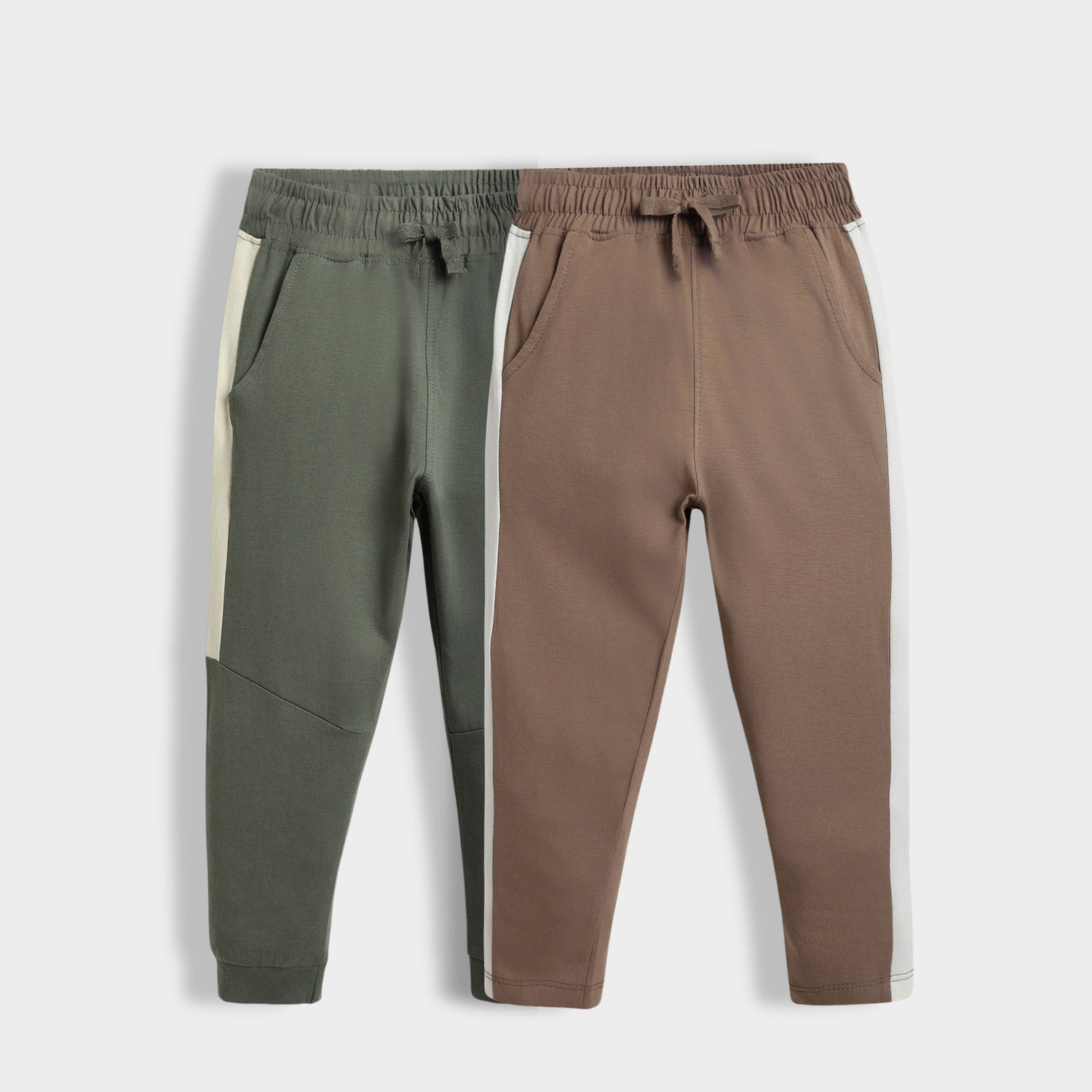 2 Pcs Cotton Colour Block Joggers | Colour Block Olive, Biscuit Brown