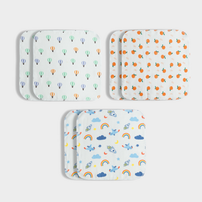 6 Pack Muslin Wash Cloth | Balloon Ride, Starry, Sweet Oranges