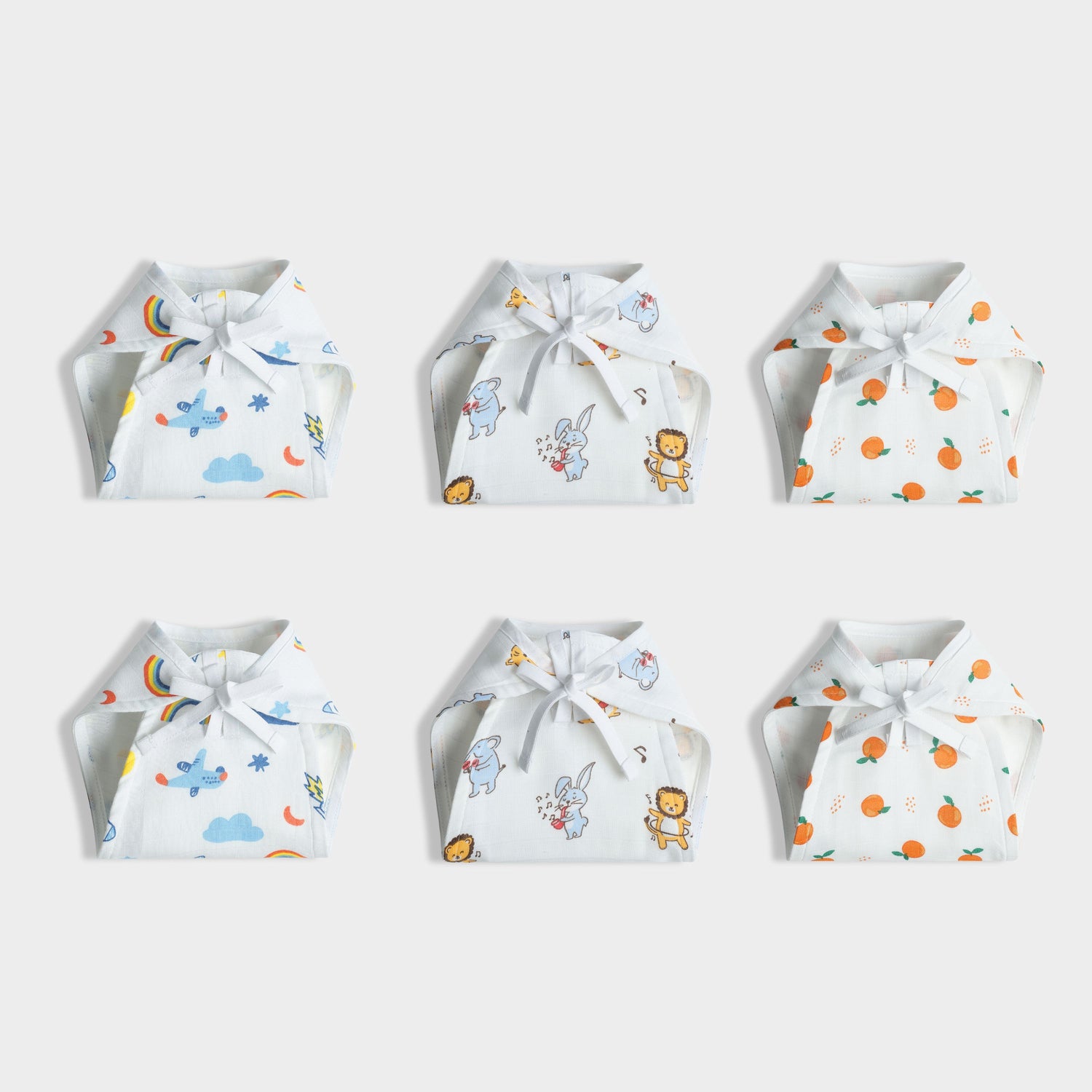 6 Pack Muslin Nappies | Starry, Jungle Jingles, Sweet Oranges
