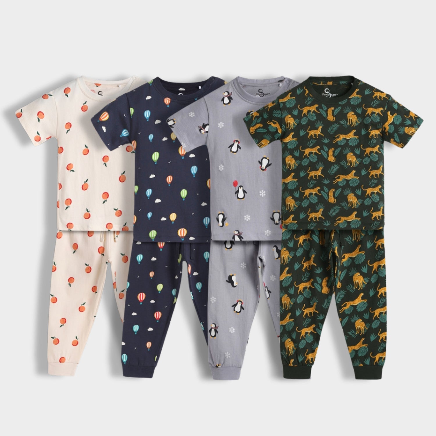4 Pack Half Sleeves Unisex Co-ord Set | Cheetah, Hot Air, Oranges & Penguin