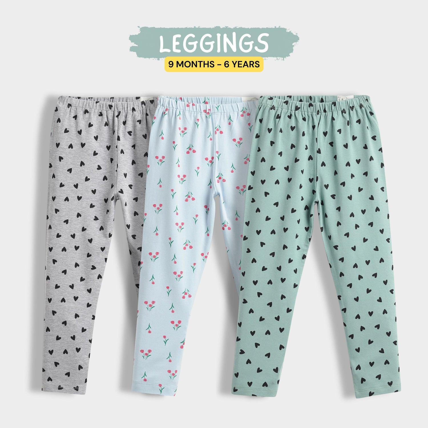 3 Pcs Leggings | Grey Hearts, Coastal Green Hearts, Skyblue Tulips