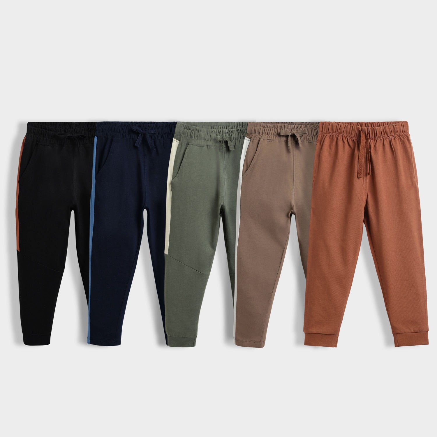 5 Pcs Cotton Joggers | Colour Block Black, Colour Block Blue, Biscuit Brown, Colour Block Olive, Brown