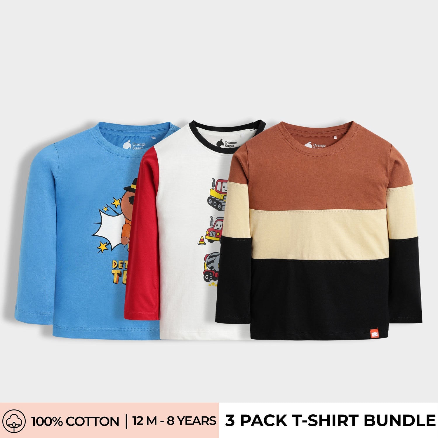 3 Pack Full Sleeves Unisex T-Shirts | Detective Teddy, Road Runner, Colour Block Brown