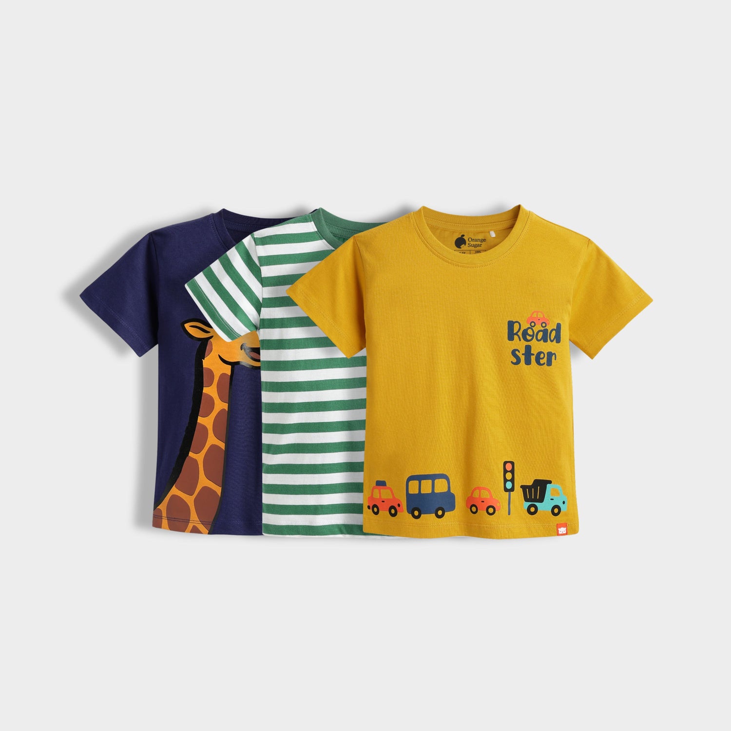 3 Pack Half Sleeves Unisex T-Shirts | Sporty Giraffe, Green Stripes, Road Trip