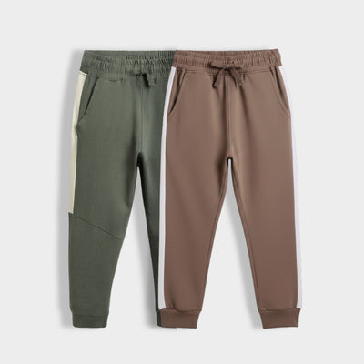 2 Pcs Cotton Colour Block Joggers | Colour Block Olive, Biscuit Brown